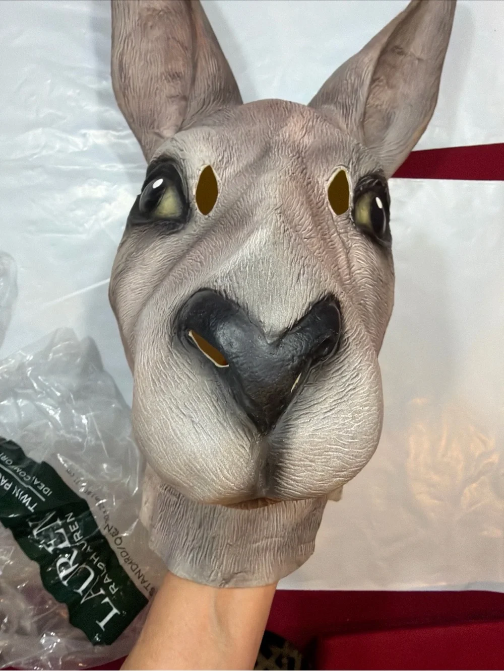 Kangaroo Head Gray Animal Mask Latex Adult Size Halloween Masquerade Long Ears